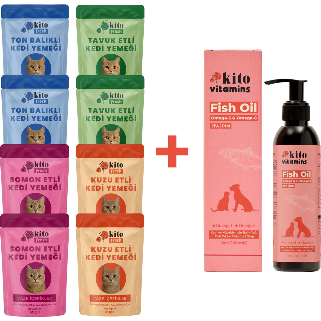 Kito Kediler Için Kito Fresh Tanışma Paketi + Kito Balık Yağı 200 ml ( Kedi ve Köpekler için Omega 3 & 6 İçerikli Deri ve Tüy Sağlığı Destekleyici ... Evcil Hayvan Ürünleri Fiyatı