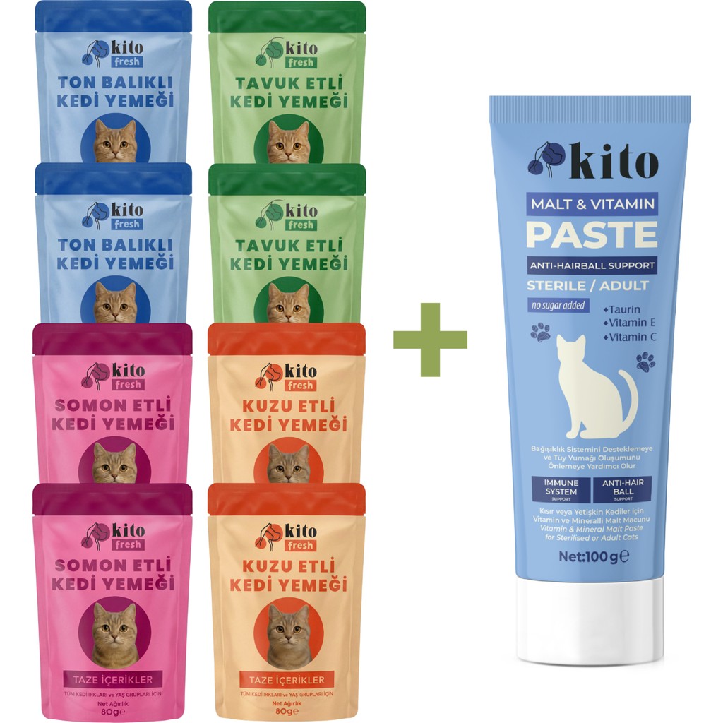 Kito Kediler Için Tüy Yumağı Önleyici Malt 100G + Kito Fresh %100 Taze Içerikli Mama Tanışma Paketi Diğer Fiyatı