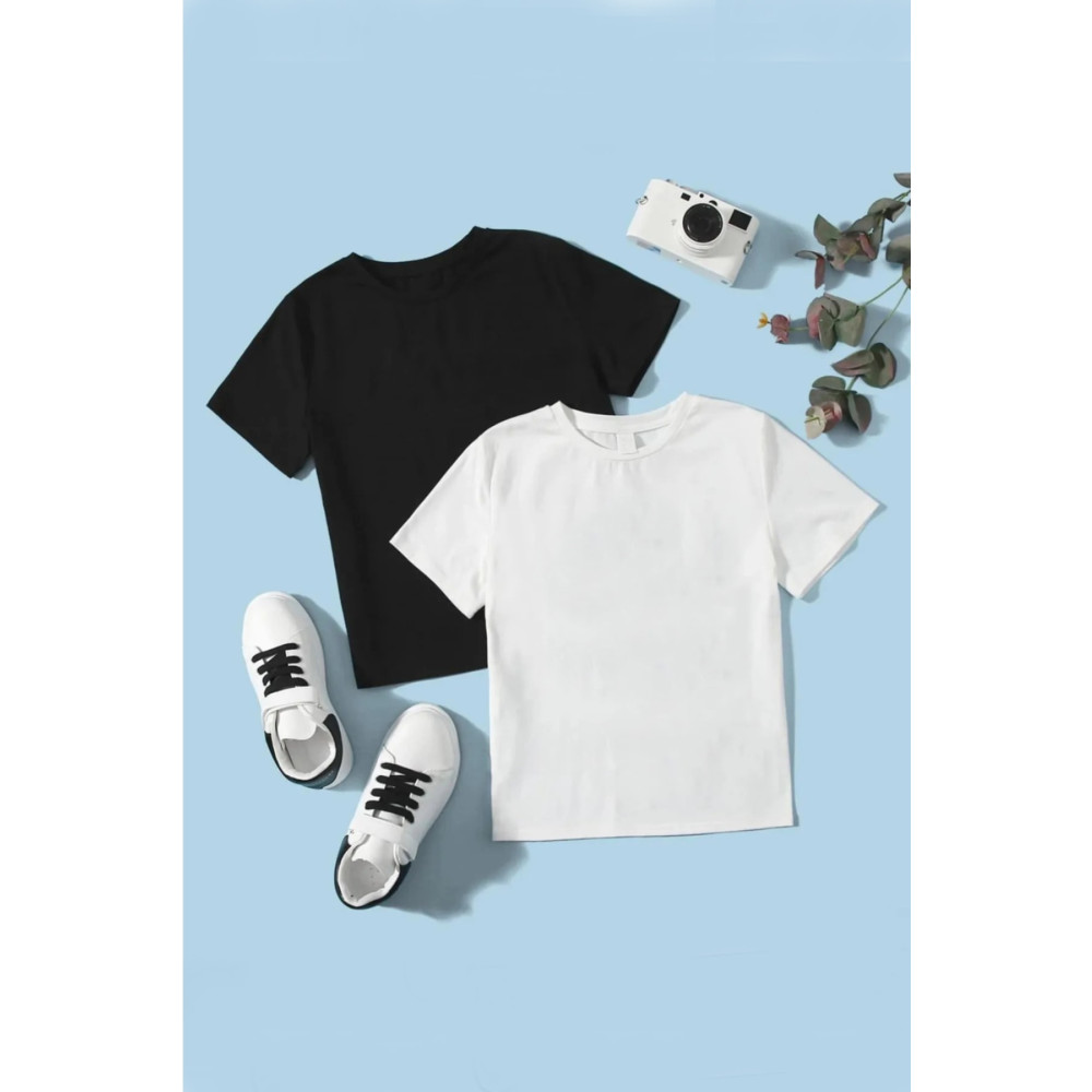 Kividen 2 Parça Pamuklu Unisex Düz Siyah Ve Beyaz Tişört 5-6 Yaş Beden Bayan T-shirt Fiyatı