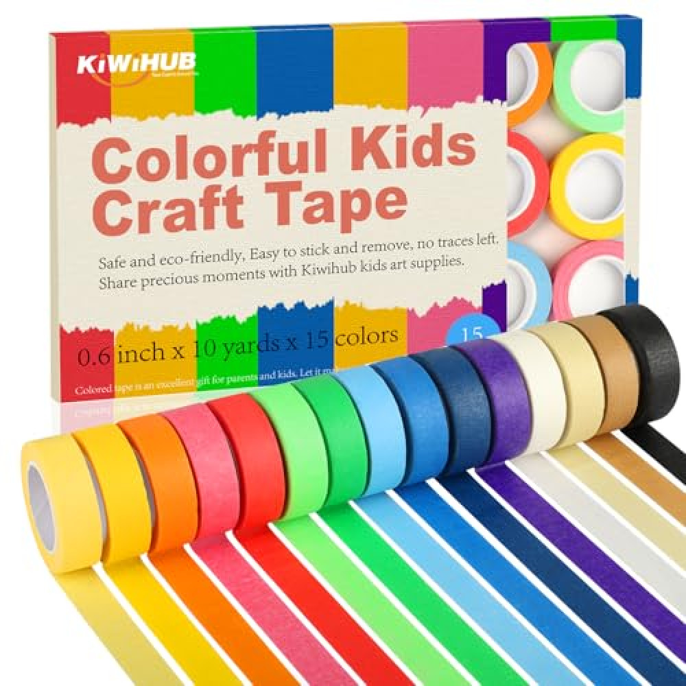 KIWIHUB 15 Rolls Colored Masking Tape, Colored Tape for Kids Art Supplies, DIY Craft Tape,Teaching Supplies and Labeling Colored Painters Tape 0.6 in x 10 Yard