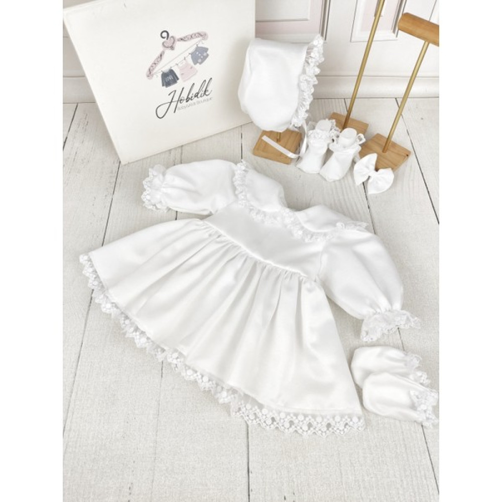 Kız Bebek Bebe Yaka Kırık Beyaz Güpür Dantel Saten Elbise Set Bebek Elbisesi Fiyatı
