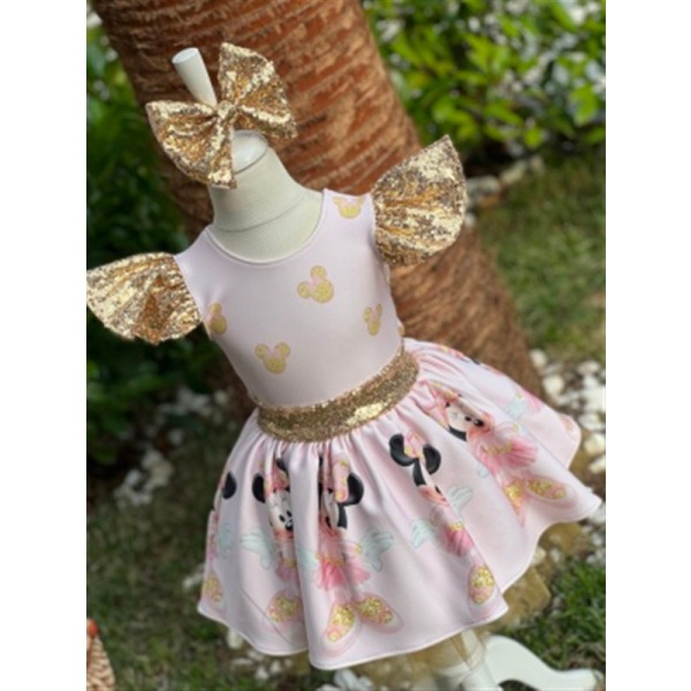 Kız Çocuk Minnie Mouse (Miki Mouse) Desenli Gold Payet Detaylı Tüllü Elbise Kız Çocuk Elbise Fiyatı