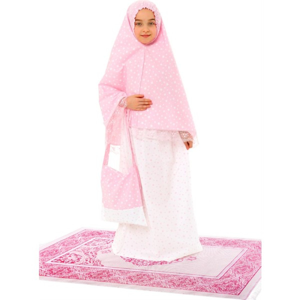 Kız Çocuk Namaz Elbisesi Çantalı ve Seccadeli Pembe Renkli Küçük Yıldız Desenli 885P Kız Çocuk Elbise Fiyatı