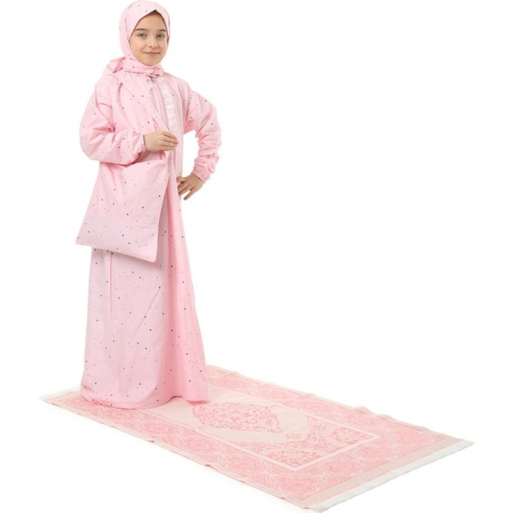 Kız Çocuk Namaz Elbisesi Çantalı ve Seccadeli Pembe Renkli Yıldız Desenli 919P Kız Çocuk Elbise Fiyatı