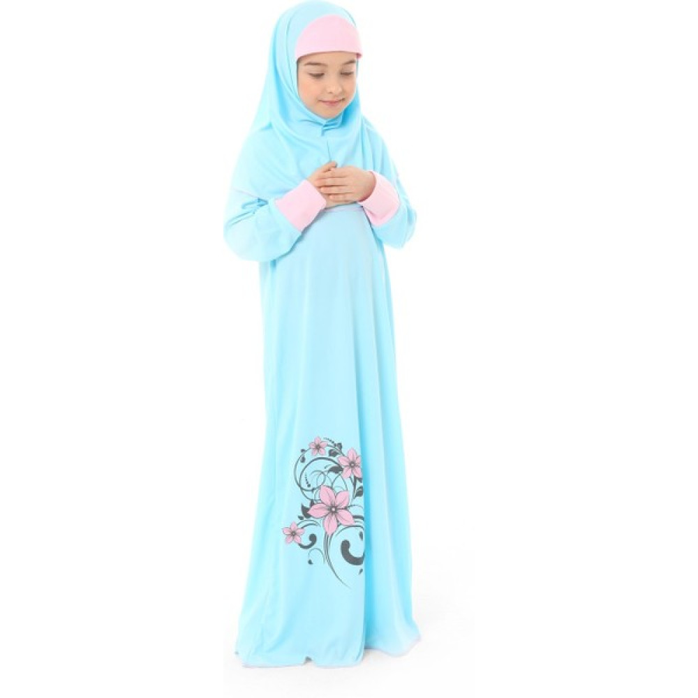 Kız Çocuk Namaz Elbisesi Mavi Renkli Çiçek Desenli 100M Kız Çocuk Elbise Fiyatı