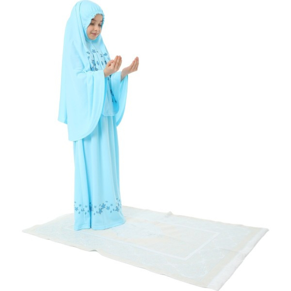 Kız Çocuk Namaz Elbisesi Seccadeli Mavi Renkli Uzun Başörtülü Yıldız Desenli 925M Kız Çocuk Elbise Fiyatı