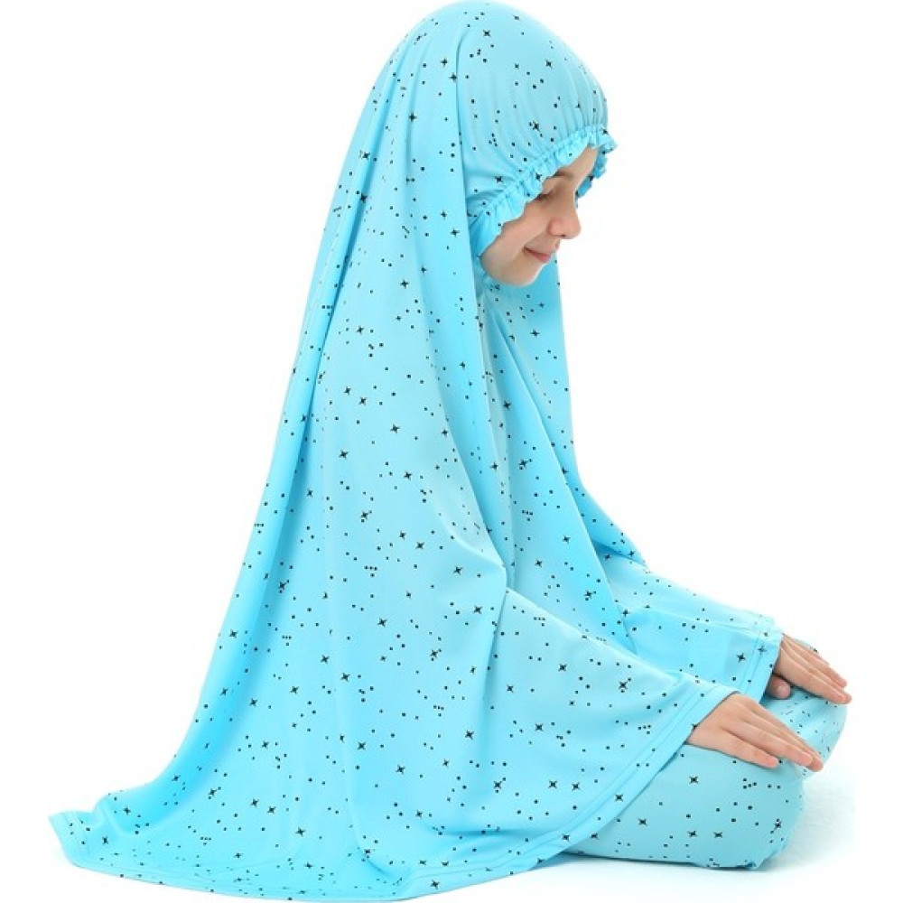 Kız Çocuk Namaz Elbisesi Yıldız Desenli Uzun Başörtülü Kız Çocuk Elbise Fiyatı