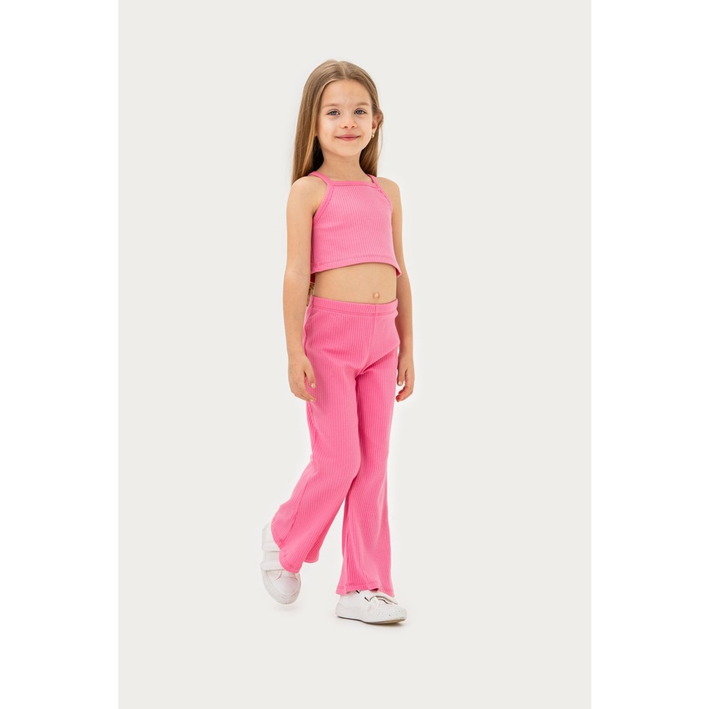 Kız Çocuk Pamuklu Pembe Ribana Askılı Crop ve Bol Paça Pantolon 2'li Takım Kız Çocuk Giyim Takımı Fiyatı