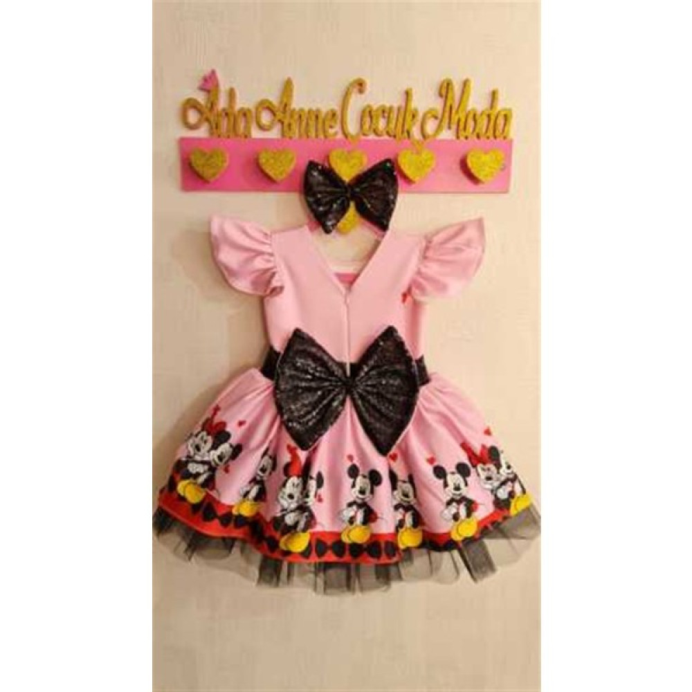 Kız Çocuk Pembe Mickey (Miki) Mouse Desenli Kabarık Elbise Kız Çocuk Elbise Fiyatı