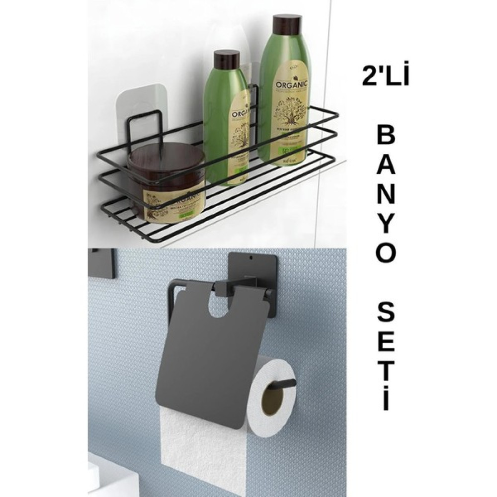 KKarteya Yapışkanlı 2li Banyo Düzenleyici Banyo Aksesuarı Banyo Rafı Kapaklı Tuvalet Kağıdı Tutacağı Banyo Askılık Fiyatı