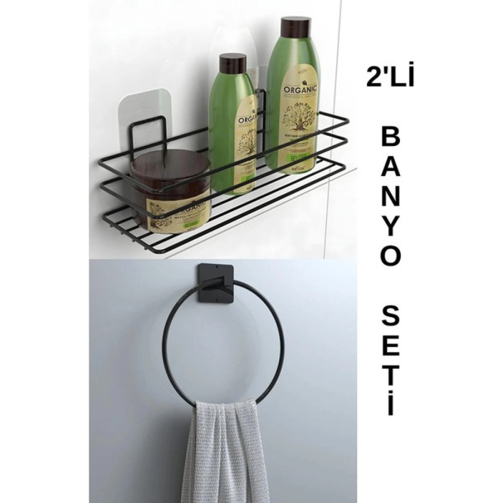 KKarteya Yapışkanlı 2li Banyo Düzenleyici Banyo Aksesuarı Banyo Rafı Yapışkanlı Siyah Yuvarlak Havluluk Banyo Askılık Fiyatı
