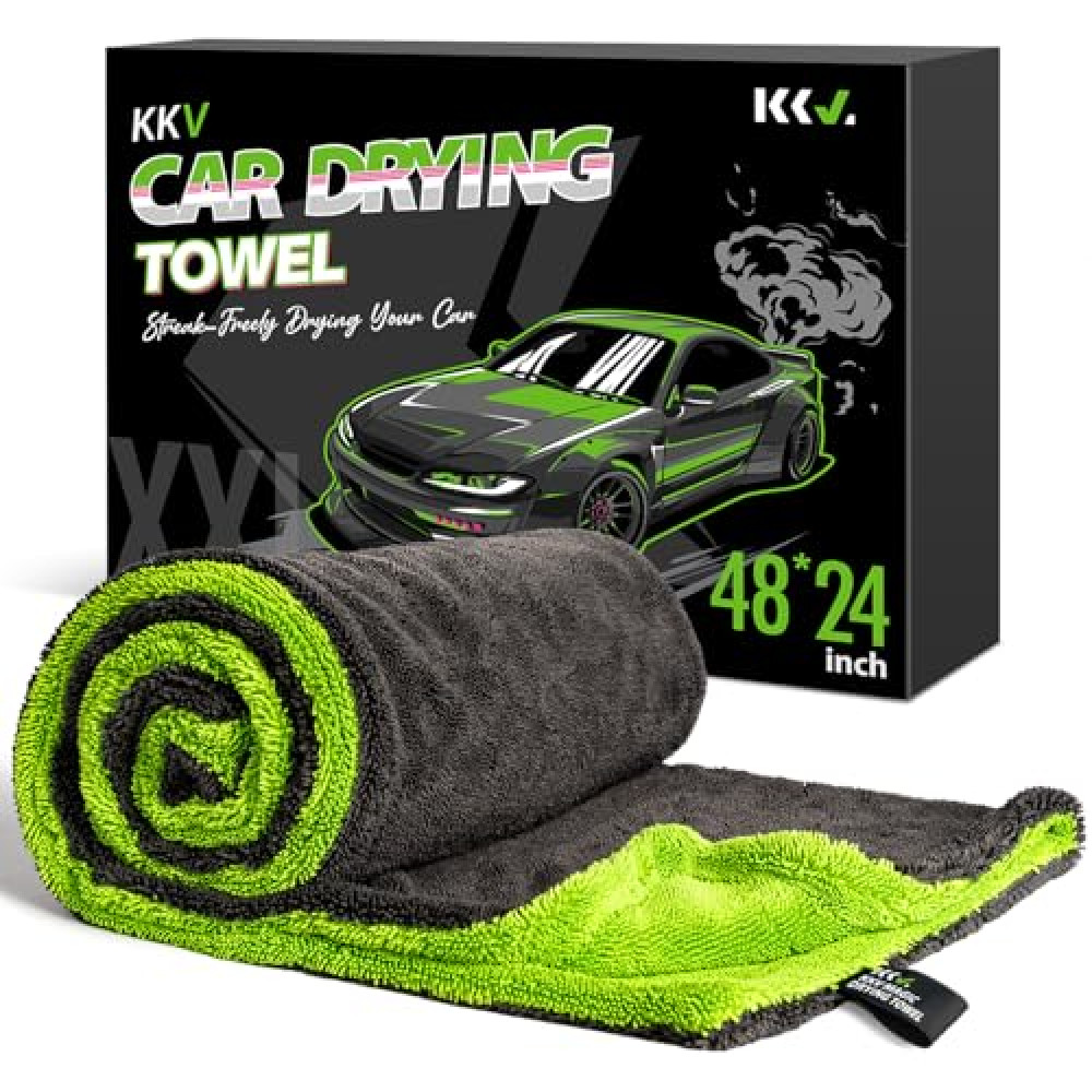 KKV Full-Sized SUV Drying Towel, 48”x24” Dual Sided Microfiber Car Cleaning Towel with Twisting Yarn Technique, 1400GSM Super Absorbent, Scratch-Free, Machine Washable (Darkgray-GreenYellow) Car Cleaning Cloths Fiyatı