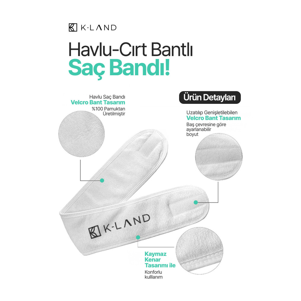 KLAND Havlu Saç Bandı Makyaj ve Cilt Bakımı İçin Bant K-LAND Saç Havlusu %100 Pamuk Toka, Taç & Saç Bandı Fiyatı