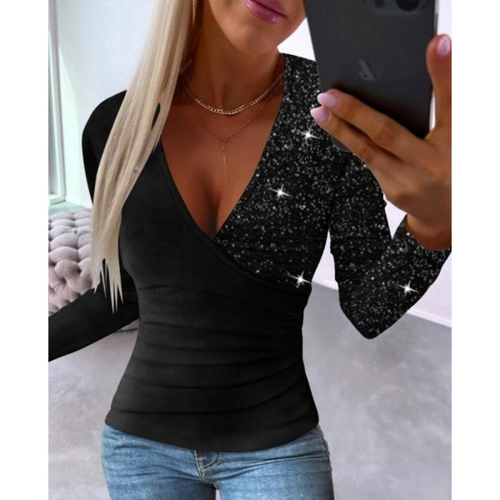 Klc41 Ticaret Kadın Uzun Kollu Kruvaze Yaka Pul Payet Detay Sandy Bluz Bluz Fiyatı