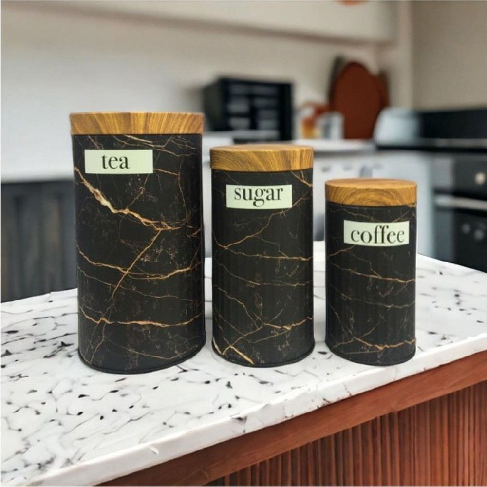 Kms Kumsar Bambu Görünümlü Kapak ve 3'lü Mermer Desenli Metal Kavanoz Seti - Antik Nikel - 10 x 18 cm - 10 Adet Saklama Kapları Fiyatı