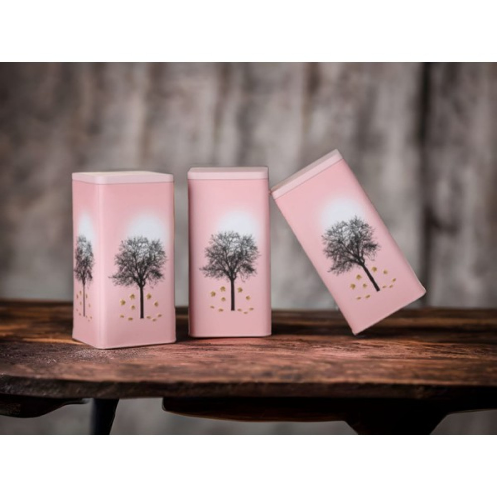 KMS Kumsar Pembe Arbor Serisi Özel Seri Kabartmalı Çay Şeker ve Kahve Kavanoz Set Metal Çay Şeker Kahve Saklama Kabı Saklama Kapları Fiyatı