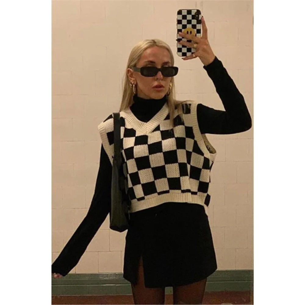 KNİTİCAL TEKSTİL Knitical Harajuku Siyah Beyaz Kareli Kare Desenli Oversize Unisex Süveter Standart Beden Bayan Kazak & Süveter & Triko Fiyatı
