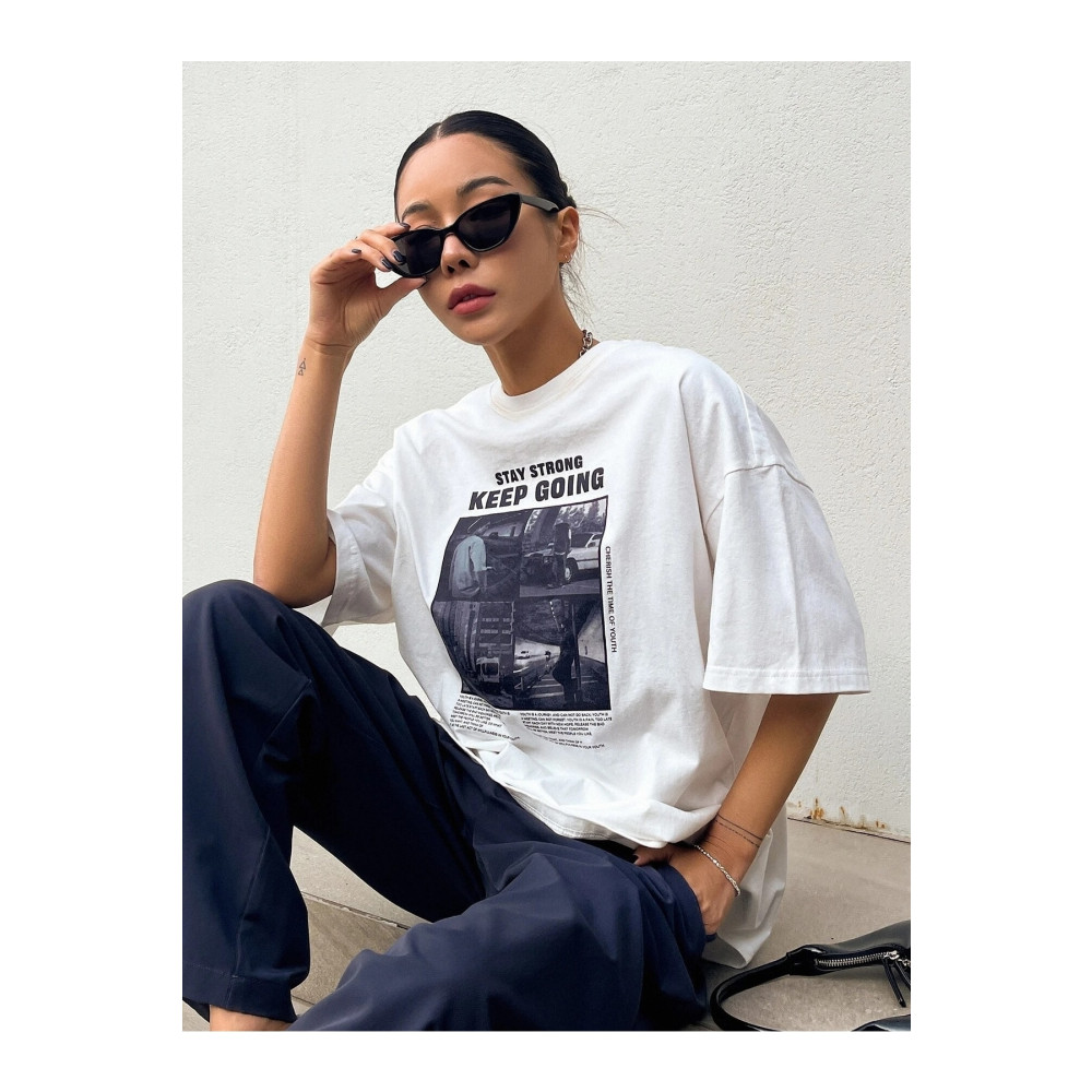 Know Kadın Beyaz Keep Going Baskılı Oversize T-shirt S Beden Bayan T-shirt Fiyatı
