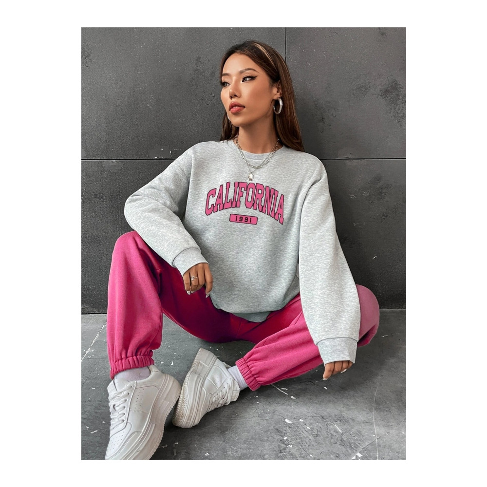 Know Kadın Gri Pembe California 1991 Baskılı Oversize Alt Üst Eşofman Takımı M Beden Kadın Eşofman Fiyatı