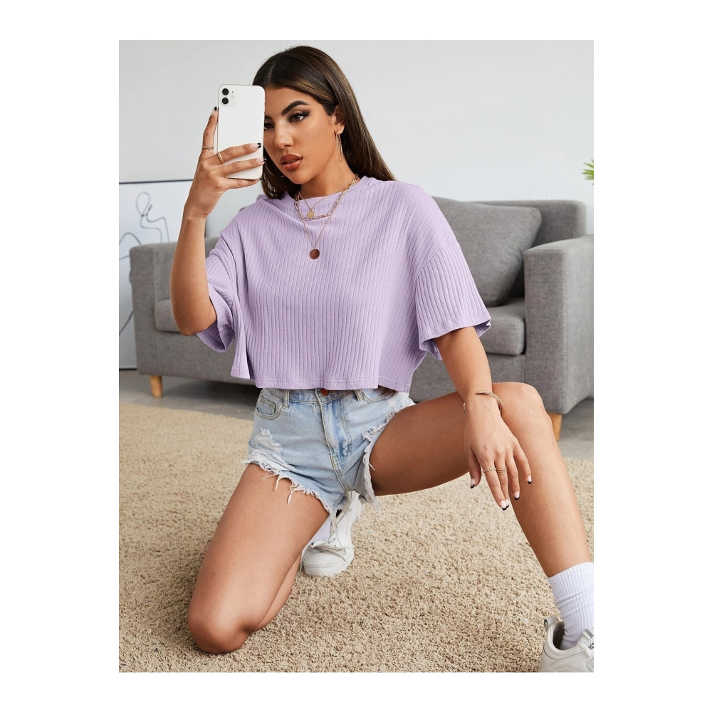 Know Kadın Lila Oversize Penye Crop Bluz L Beden Bluz Fiyatı