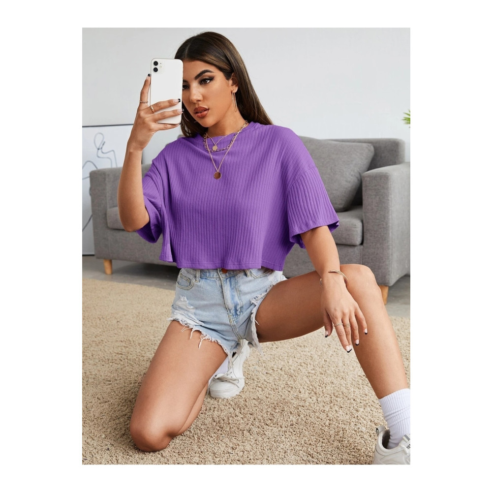 Know Kadın Mor Oversize Penye Crop Bluz M Beden Bluz Fiyatı