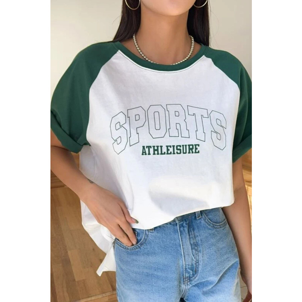 Know Kadın Pamuk Beyaz Kolları Yeşil Sports Baskılı Bisiklet Yaka Oversize Boyfriend T-shirt L Beden Bayan T-shirt Fiyatı