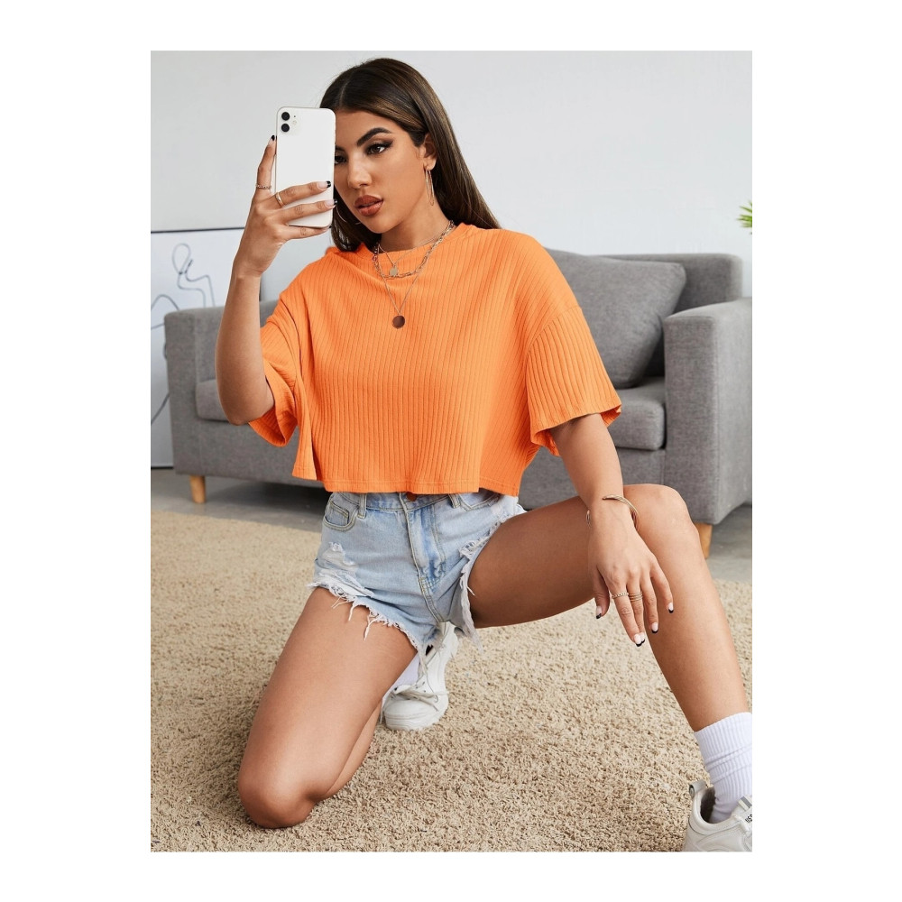 Know Kadın Turuncu Oversize Penye Crop Bluz L Beden Bluz Fiyatı
