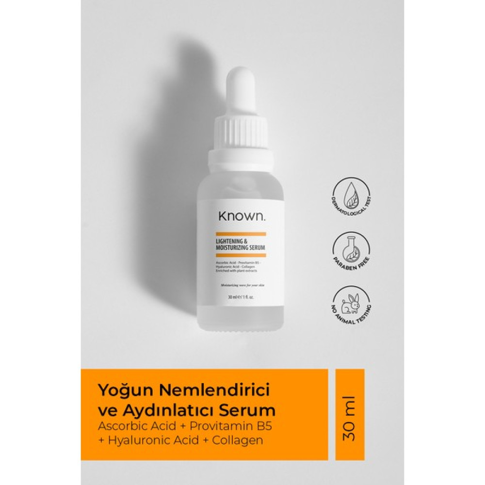 Known Yoğun Nemlendirici ve Aydınlatıcı Serum 30 ml (Ascorbic Acid + Provitamin B5 + Hyaluronic Acid + Collagen) Anti-Aging / Yaşlanma Karşıtı Fiyatı
