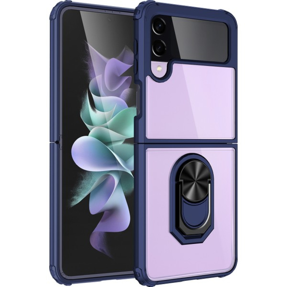 Kny Samsung Galaxy Z Flip 3 Kılıf Silikon Kenarlı Yüzüklü Standlı Manyetik Şeffaf Mola Kapak - Lacivert - Galaxy Z Flip3 Cep Telefonu Kılıfı Fiyatı