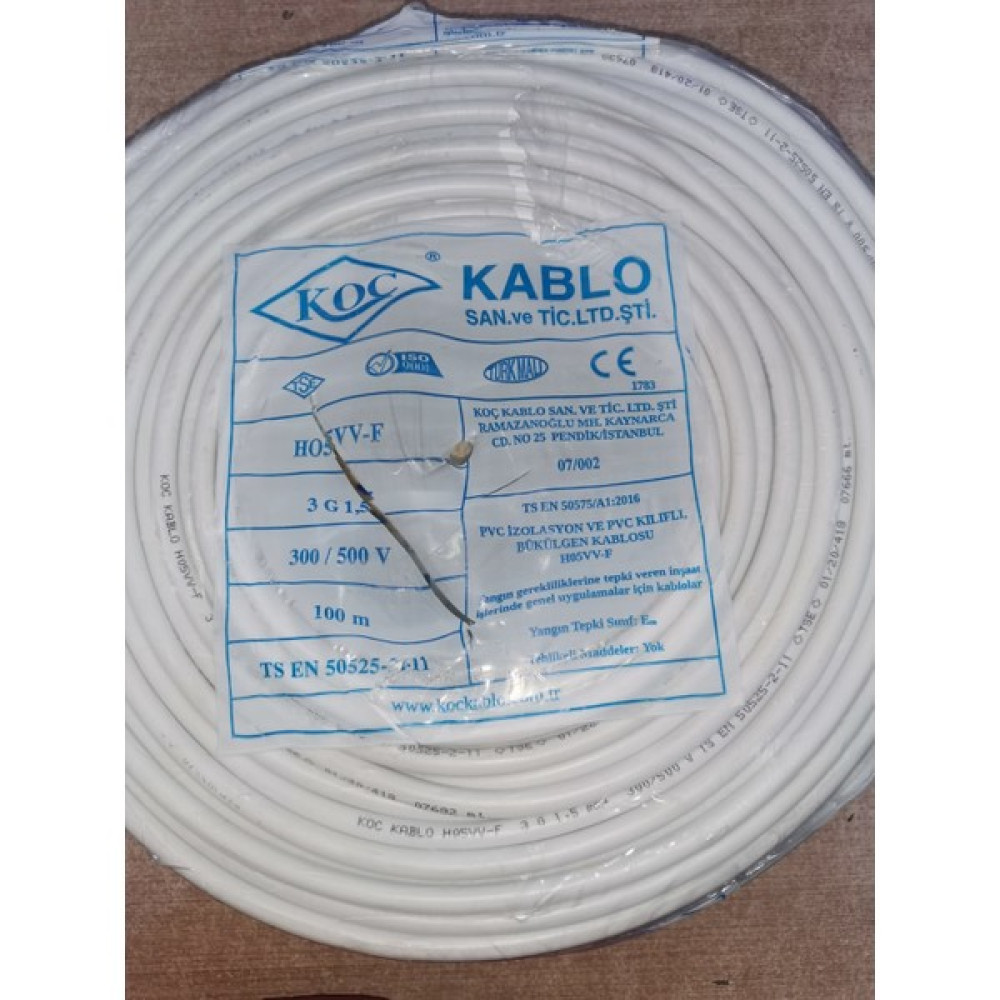 Koç Kablo 3x1,5 Ttr 100 Metre Kablo Tam Bakır Çok Telli Elektrik ve Aydınlatma Fiyatı