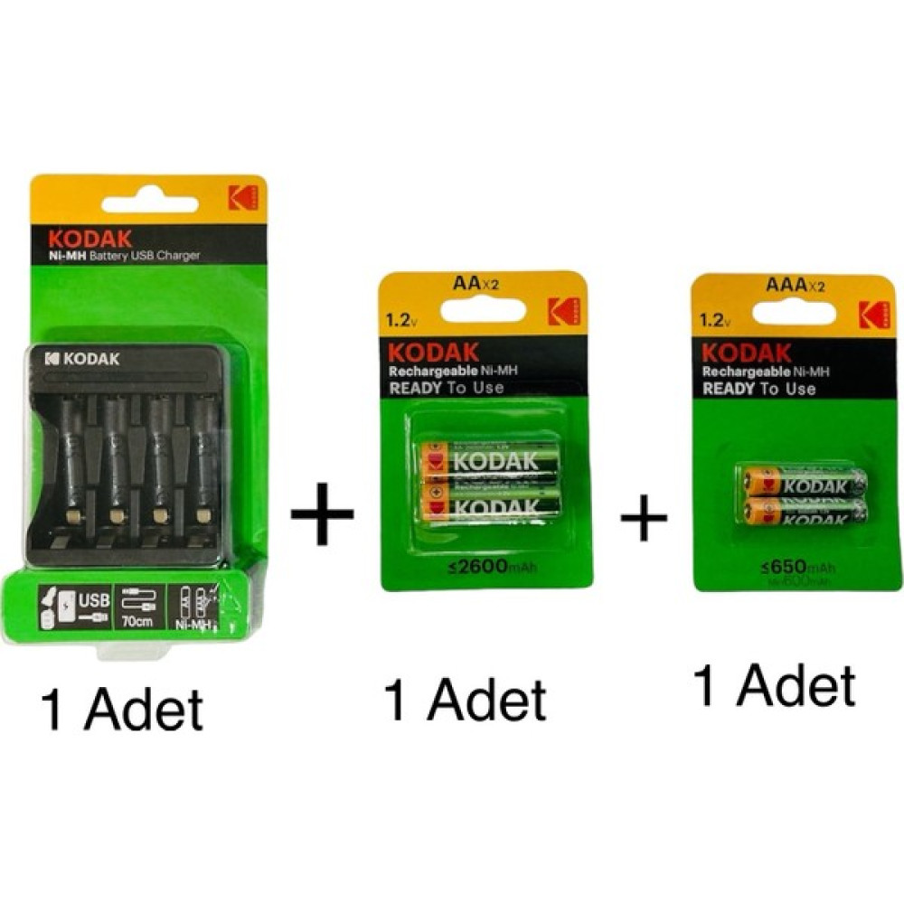 Kodak Aaa 650 Mah ve 2600 Mah Aa Şarjlı Pil+Ni-Mh Şarj Cihazı 4'lü Normal & Şarj Edilebilir Piller Fiyatı
