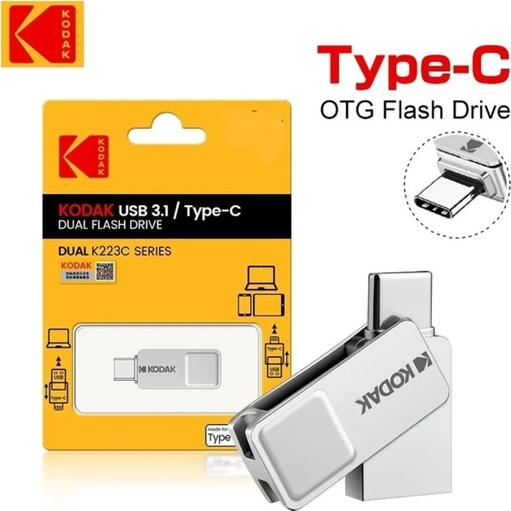 Kodak K223C Type-C ve USB 3.1 Hızlı USB Flash Bellek 128Gb. Otg Çift Girişli Orjinal Metal Minik ve Sağlam - Gri Metal - 128 GB Flash Bellekler Fiyatı