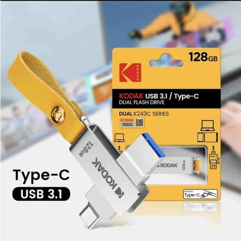 Kodak K243C 256GB 128GB Type-C ve USB 3.1 USB Flash Bellek Hızlı Otg Çift Giriş Metal Sağlam Orjinal - Gri - 128 GB Flash Bellekler Fiyatı