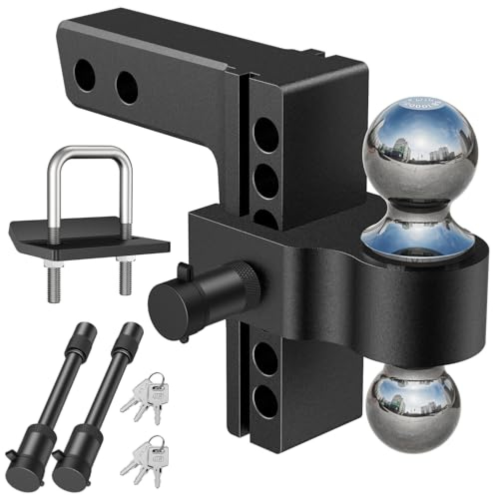 Kohree 6 Inch Adjustable Trailer Hitch Fit 2 Inch Receiver, Dual Solid Ball 2" and 2-5/16"(12,500 LBS GTW), Drop & Rise Heavy Duty Aluminum Tow Hitch with 2" Hitch Tightener & 2 Locking Hitch Pin