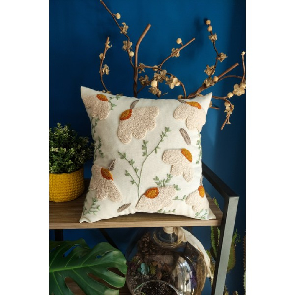 Koi Shop Bohem Daisy Tekli Punch ( Panç ) Kırlent Kılıfı El Yapımı - 42 x 42 cm - Ekru Kırlent / Mobilya Yastığı Fiyatı