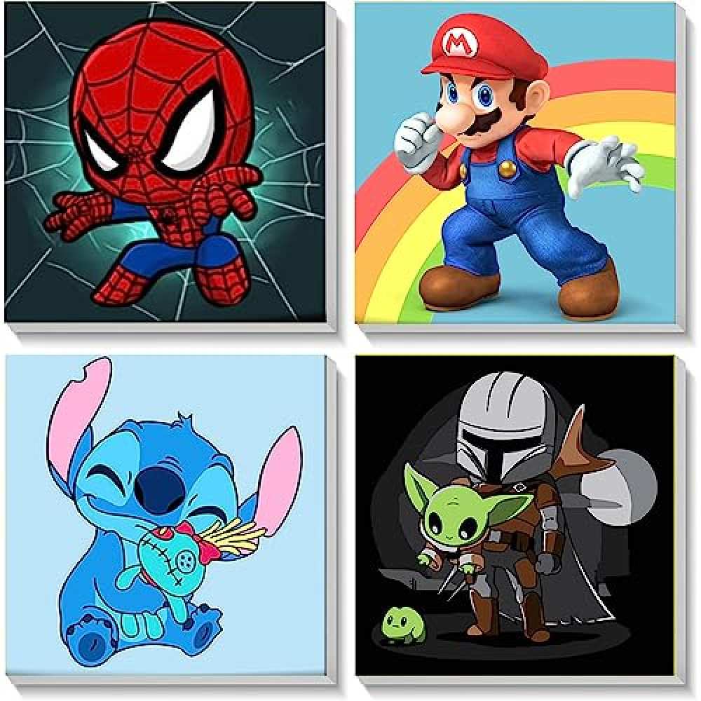 KOJEFCV 4 Pack Cartoon Paint by Number for Kids with Wooden Frame-Paint by Numbers for Kids Ages 4-8-12,DIY Paints with Numbers Easy Acrylic Oil Painting Kits for Home Wall Decor(8X8inch)