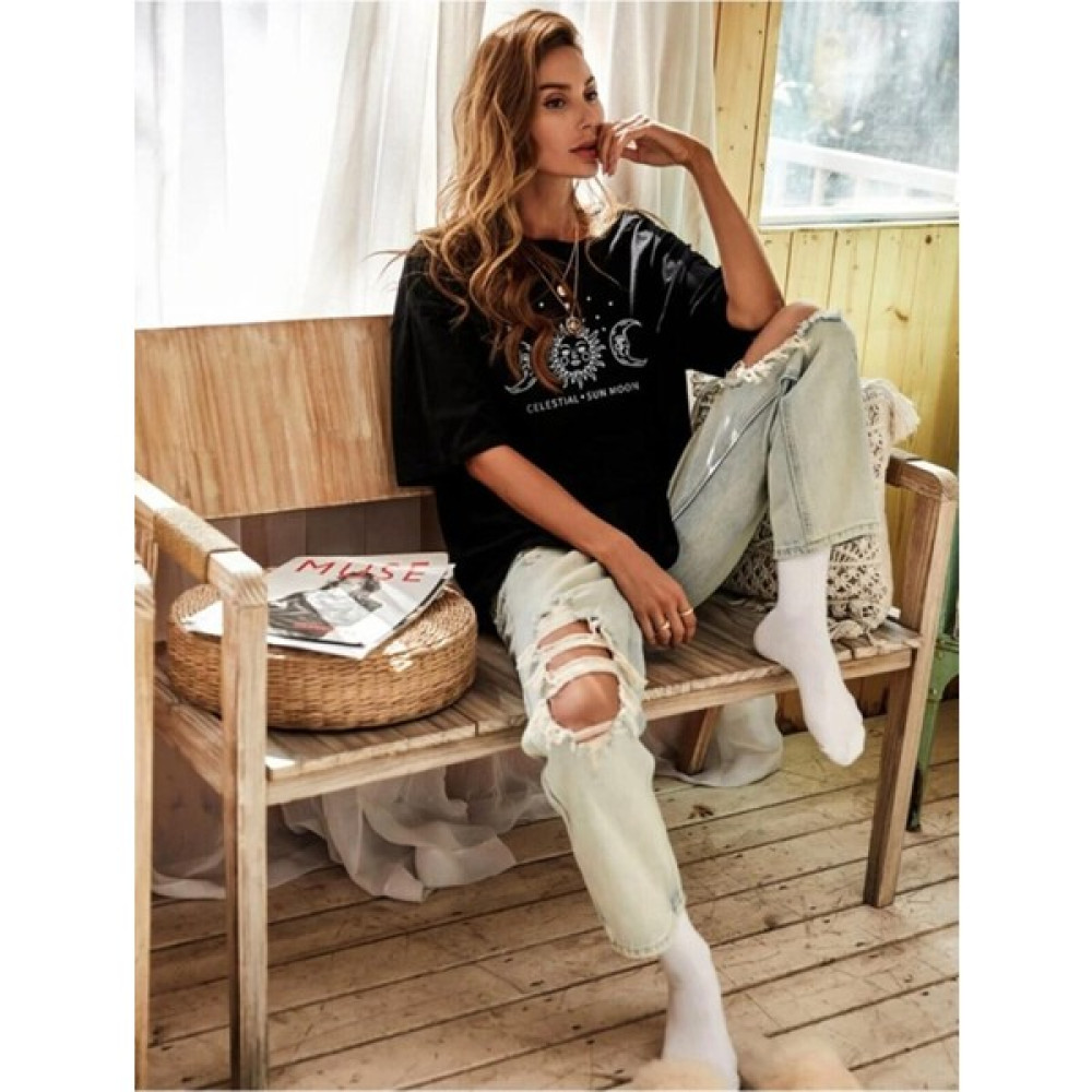 Kokina Ay Baskılı Oversize Siyah T-Shirt Unisex Erkek Sweatshirt Fiyatı