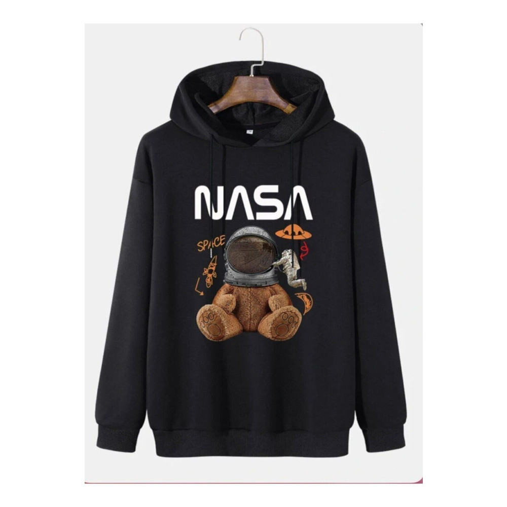 Kokina Unisex Siyah Nasa Ayıcık Baskılı Kapüşonlu Sweatshirt XL Beden Bayan Sweatshirt Fiyatı