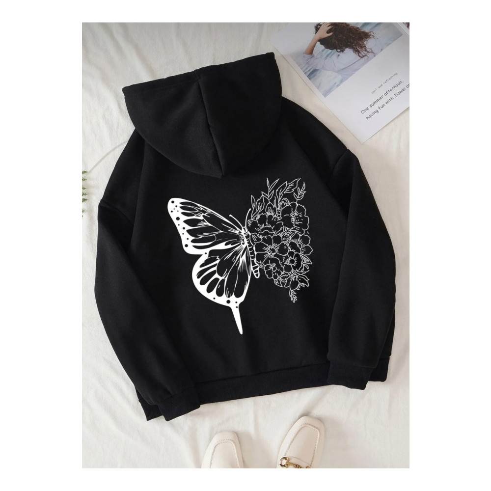 Koklonmoda Siyah sweatshirt kelebek baskılı 10-11 Yaş Beden Bayan Sweatshirt Fiyatı