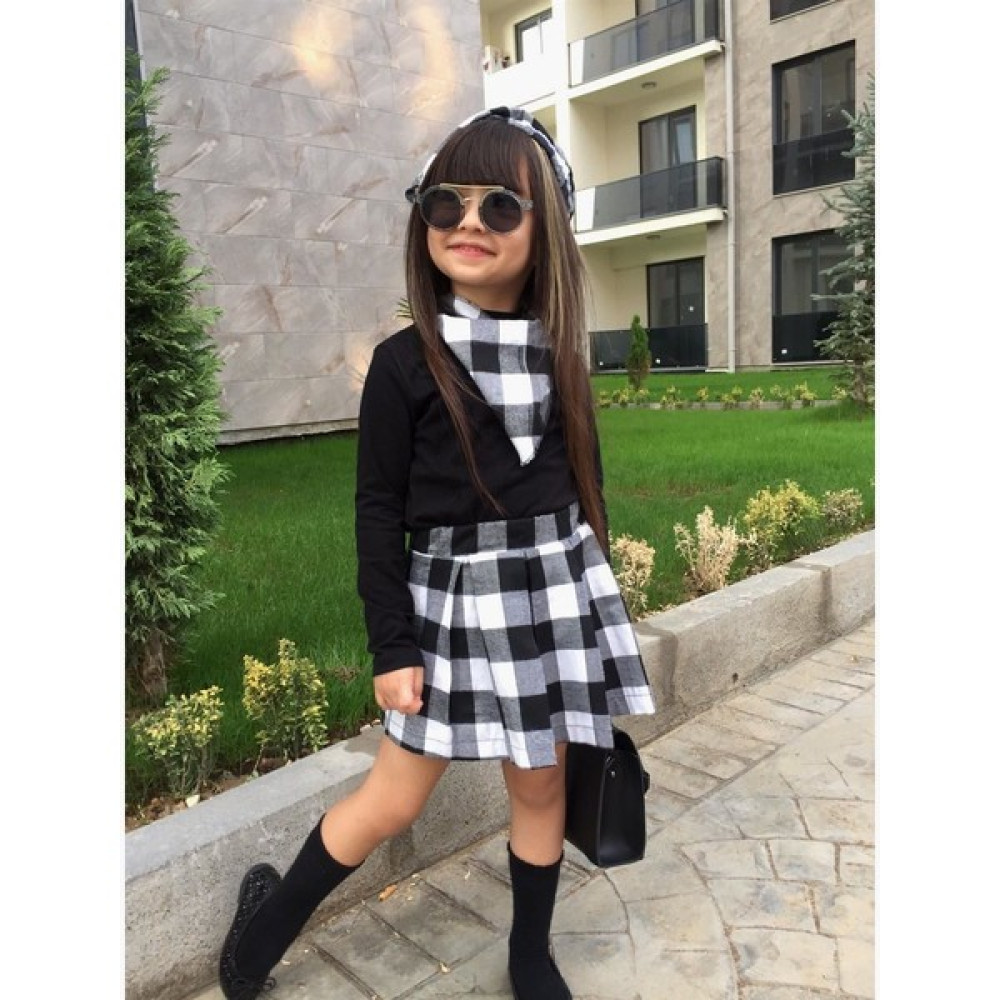 Kokoş Bebe Kokoş Ekose Şapkalı Önlük Detaylı Etekli Set Kız Çocuk Giyim Takımı Fiyatı