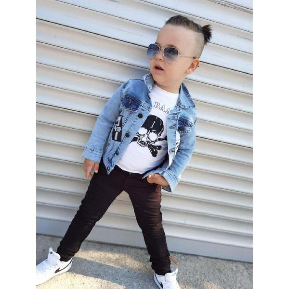 Kokoş Bebek New Collection Kurukafalı Peçli Denim Ceket Baskılı Tişört Lycralı Pantolon Takım Erkek Çocuk Giyim Takımı Fiyatı
