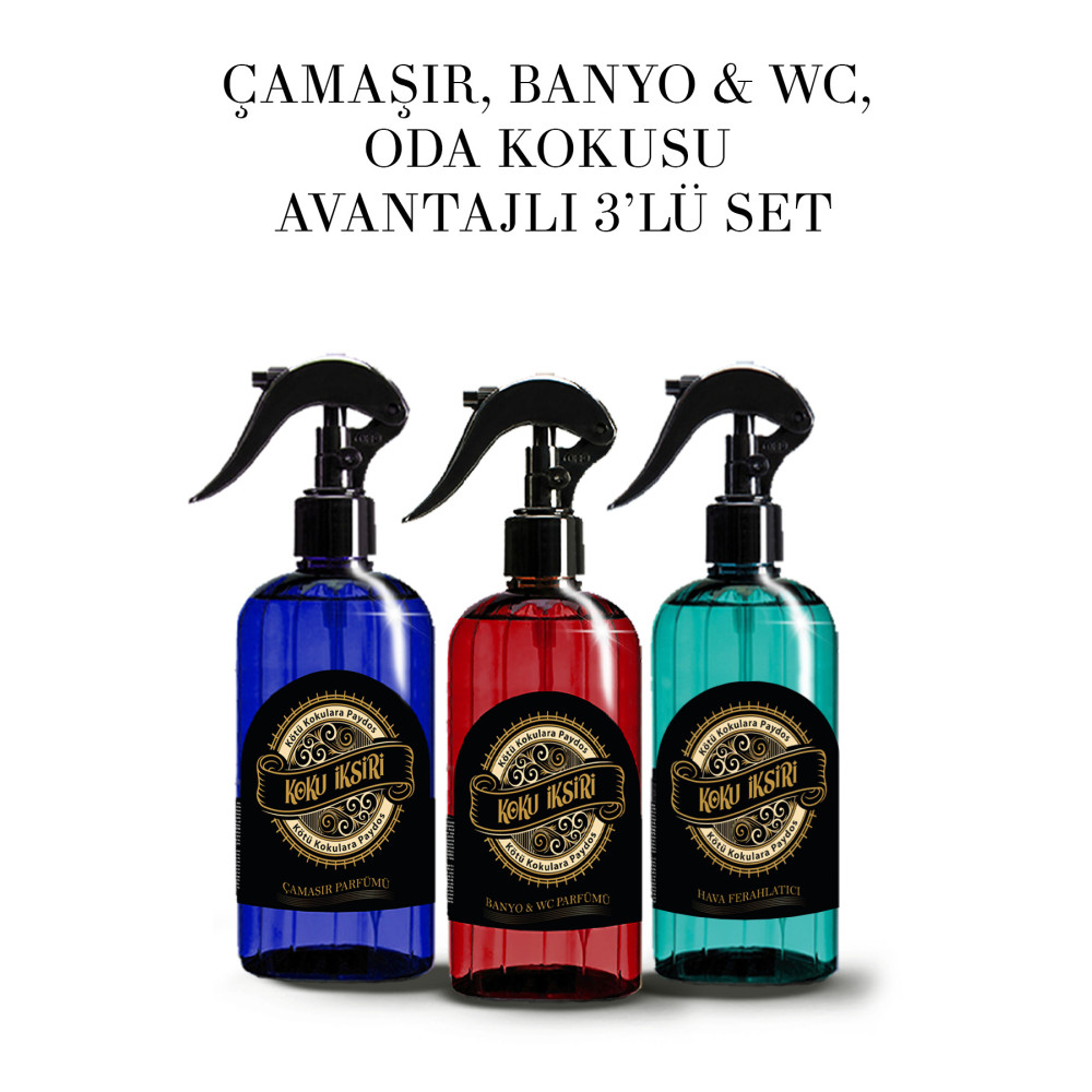 KOKU İKSİRİ Oda Kokusu-Banyo&Wc Kokusu-Çamaşır Kıyafet Parfümü Kötü Koku Giderici 3lü set Deterjan ve Temizlik Ürünleri Fiyatı