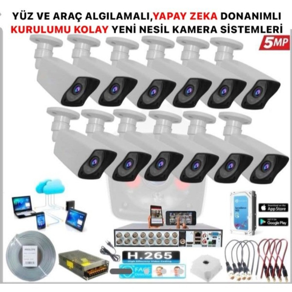 KOLAY KURULUM 12 Kameralı 5 Mp Gece Görüş Yapay Zeka Yüz Tanıma Araç Algılamalı Güvenlik Kamera Seti Güvenlik Kameraları Fiyatı
