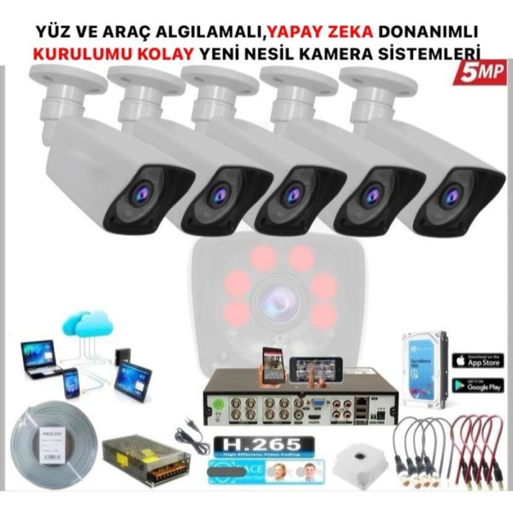 KOLAY KURULUM 5 Kameralı 5 Mp Gece Görüş Yapay Zeka Yüz Tanıma Araç Algılamalı Güvenlik Kamera Seti Güvenlik Kameraları Fiyatı