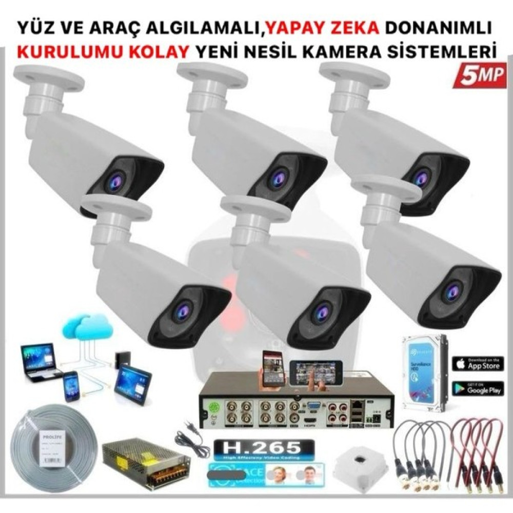 KOLAY KURULUM 6 Kameralı 5 Mp Gece Görüş Yapay Zeka Yüz Tanıma Araç Algılamalı Güvenlik Kamera Seti Güvenlik Kameraları Fiyatı
