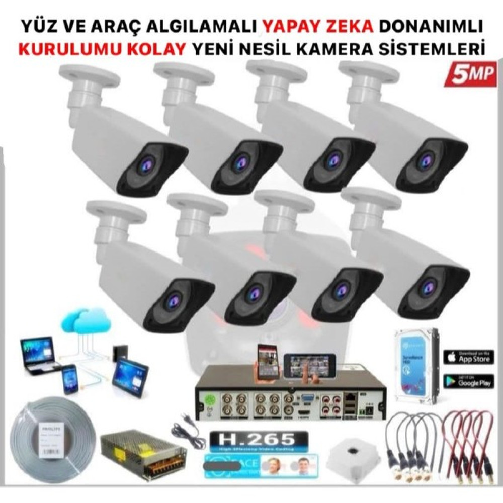 KOLAY KURULUM 8 Kameralı 5 Mp Gece Görüş Yapay Zeka Yüz Tanıma Araç Algılamalı Güvenlik Kamera Seti Güvenlik Kameraları Fiyatı