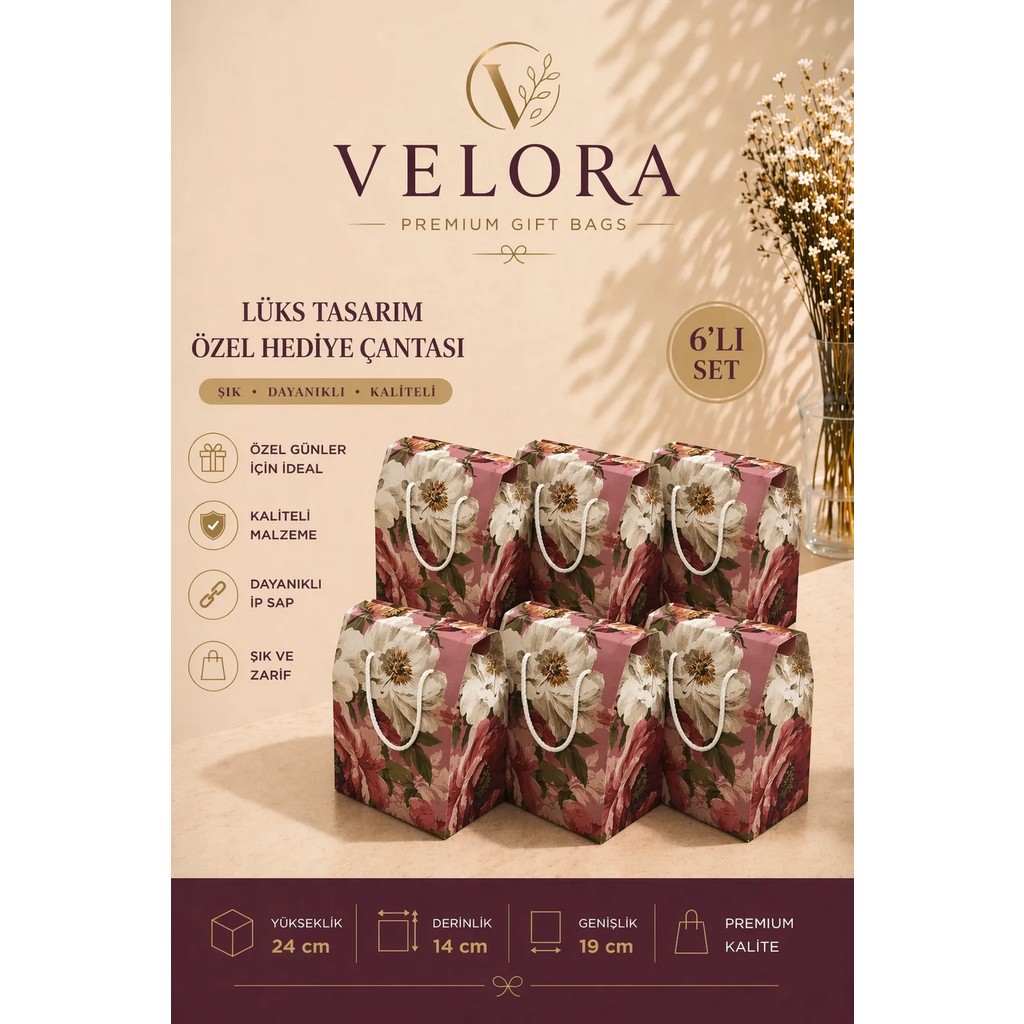 Kolix Velora 6'lı Premium Karton Poşet Hediye Paketi Karton Çanta 24x14x20cm - Çok Renkli - 6 Adet Diğer Fiyatı