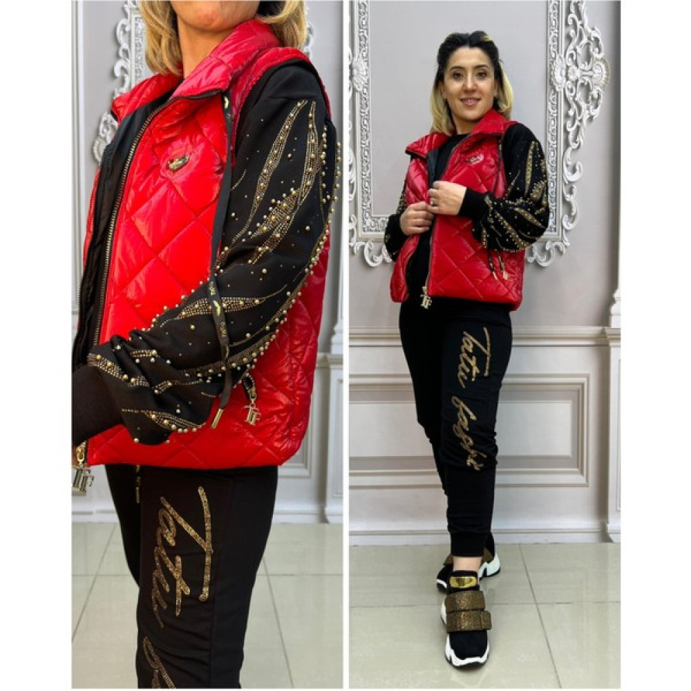 Kolu Şerit Taş Detaylı Şişme Yelekli Crystal Taşlı Üçlü Takım - KIRMIZI Kadın Yelek Fiyatı
