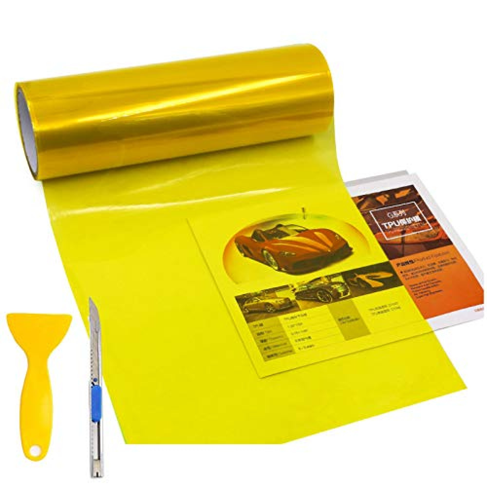 KOMAS 12” X 48” Tint Vinyl Film Sticker Sheet Roll for Car Headlight, Tail Lights, Fog Lights with Squeegee + Cutter (Glossy Yellow)