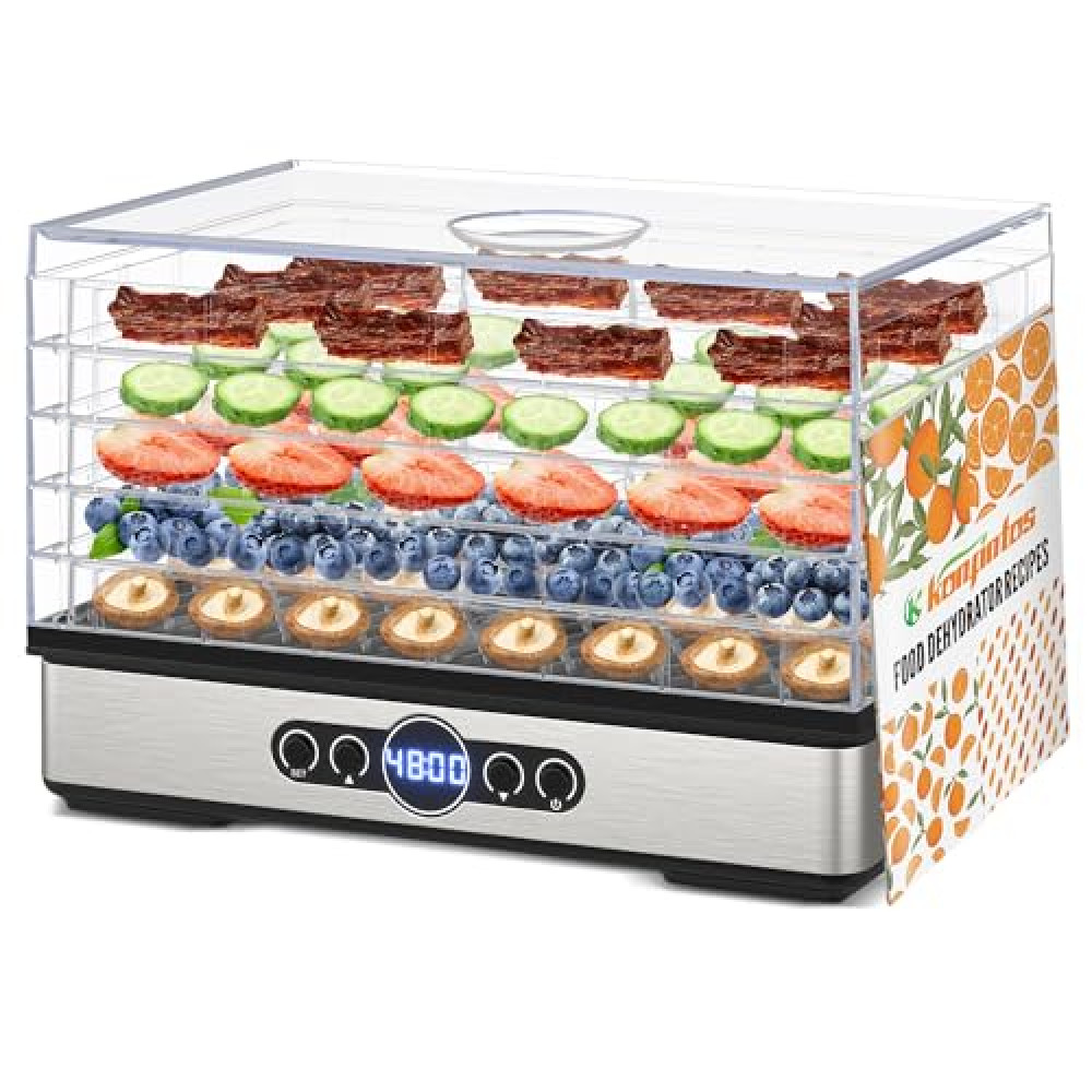 Konfintos Food Dehydrator for Jerky, 5 BPA-Free Trays 400W Small Dehydrator Machine for Meat, Fruits, Mushroom, Herbs, Dog Treats, Digital Adjustable Timer & Temperature Control, Recipes Book included